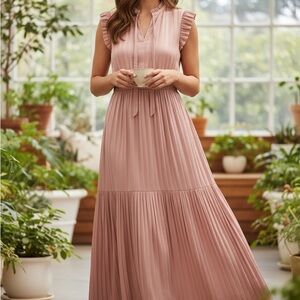 Banana Republic Mauve Pink Pleated Maxi Dress with Ruffled Sleeves